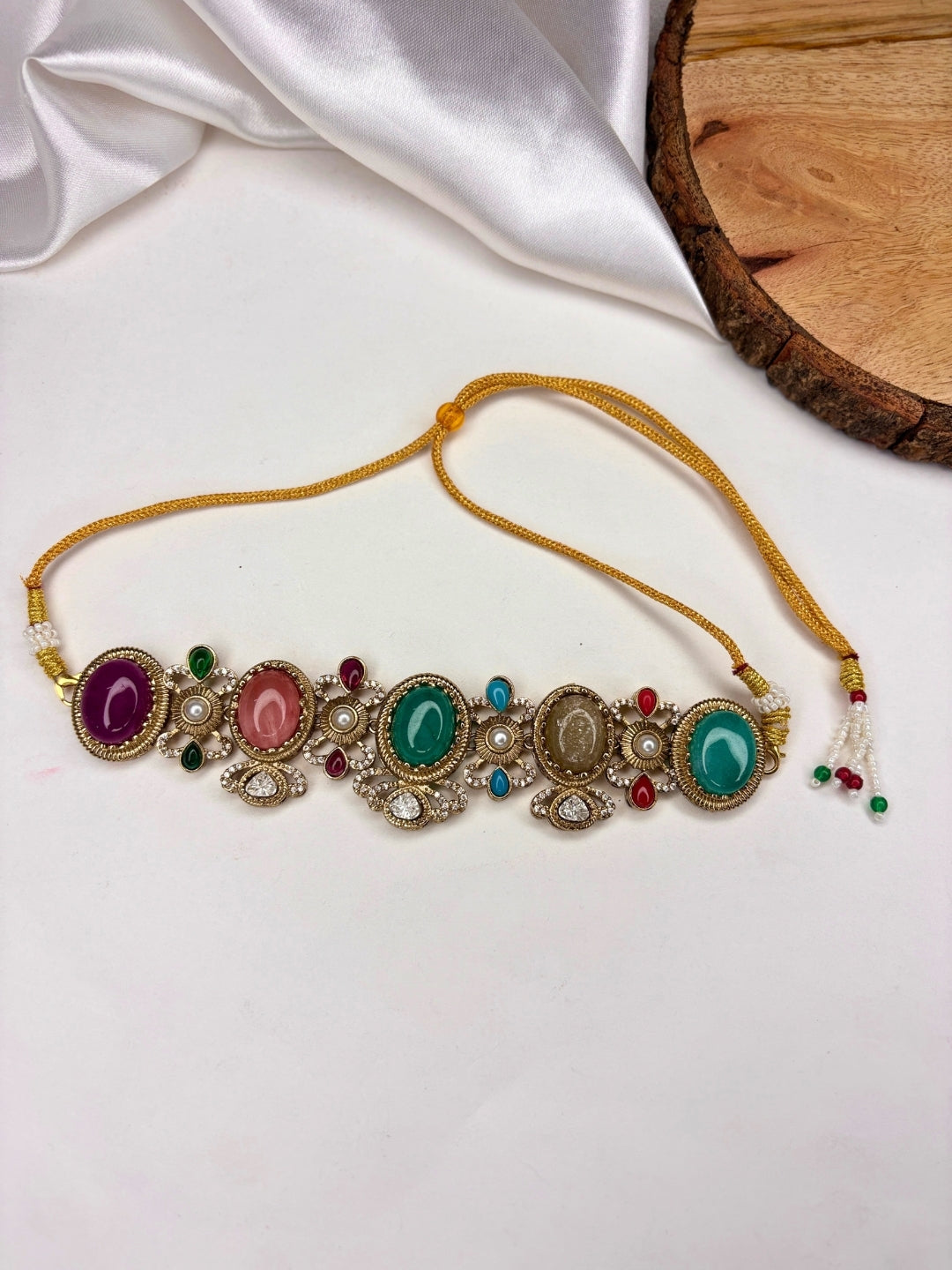 Gold-Plated Multicolour Stone Studded Traditional Choker Necklace Jewellery Set