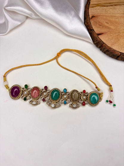 Gold-Plated Multicolour Stone Studded Traditional Choker Necklace Jewellery Set