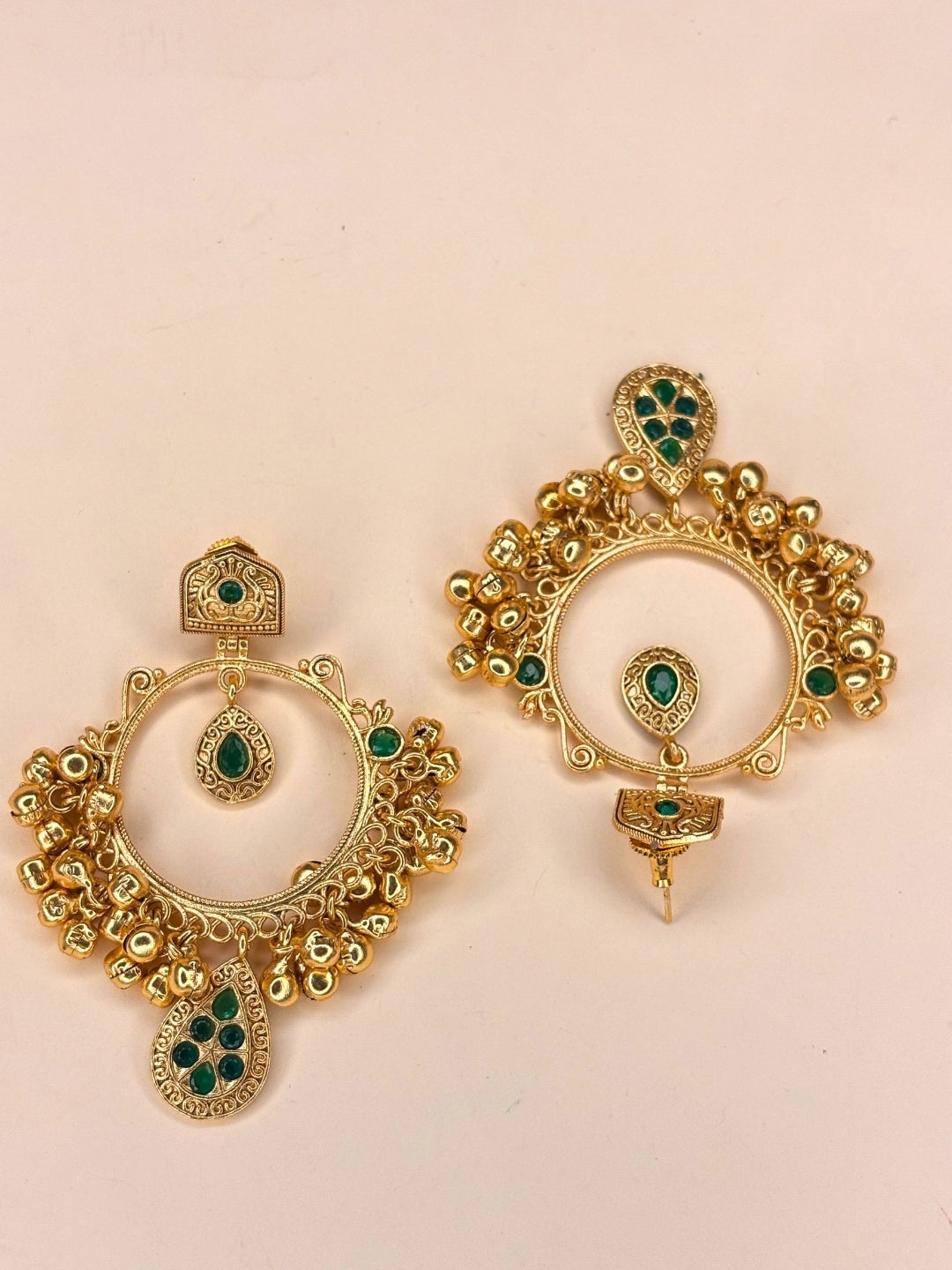 Gold-Plated Green Kundan Ghungroo Statement Earrings