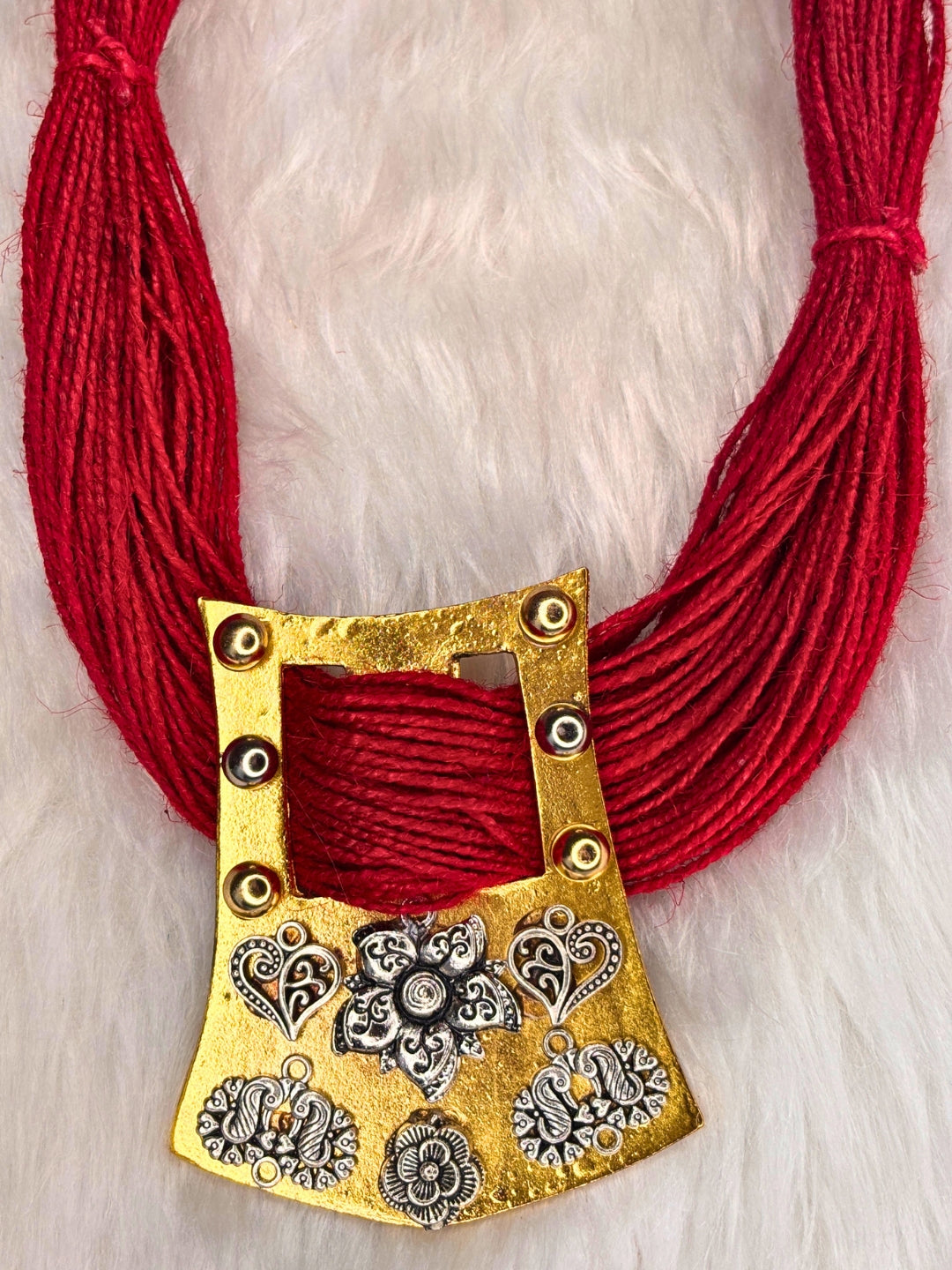 Gold-Plated Oxidised Statement Red Thread Jute Necklace