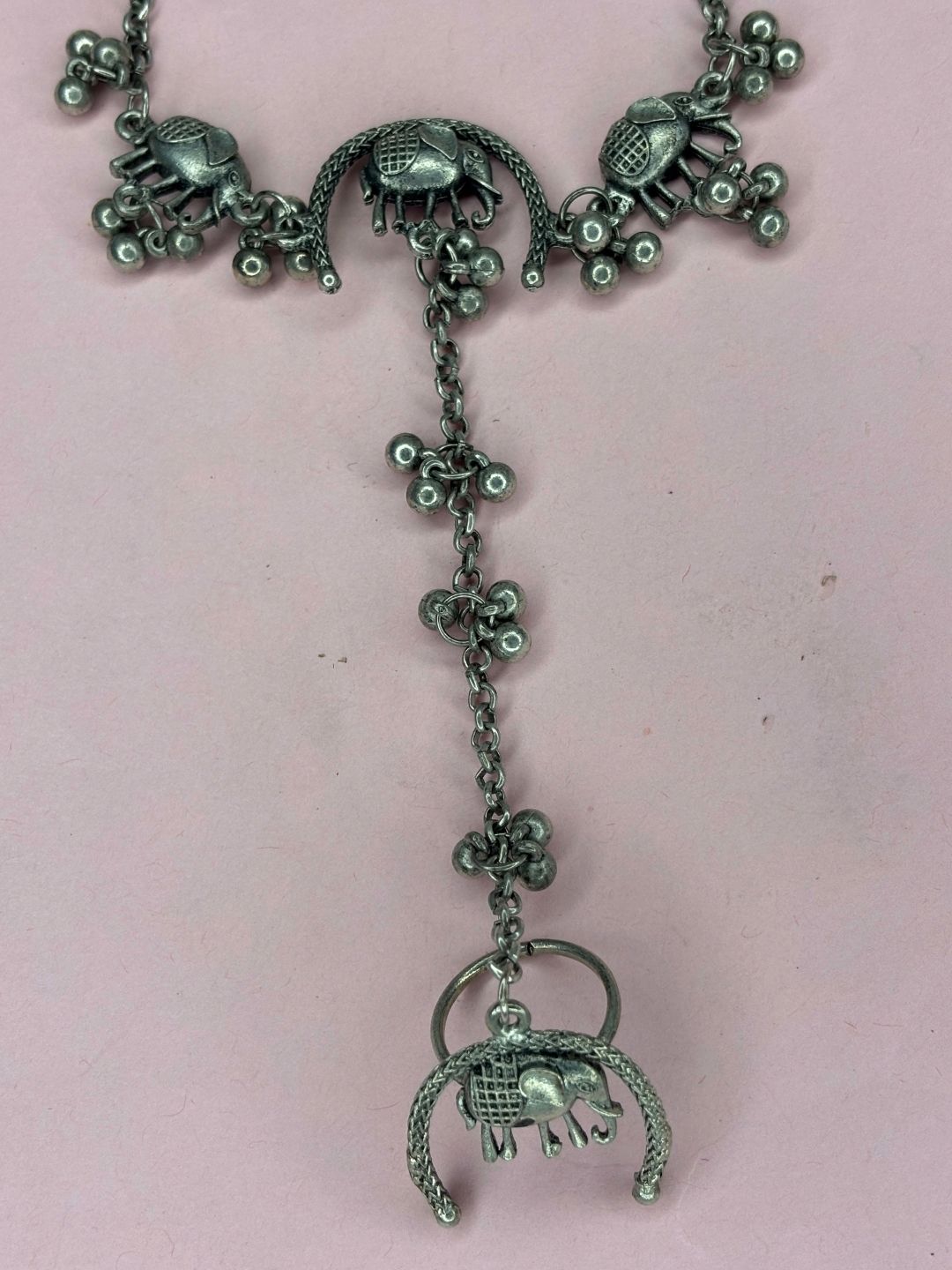 Oxidised Silver-Plated Elephant Haath Phool Hand Harness Bracelet