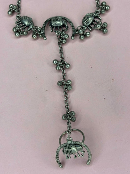 Oxidised Silver-Plated Elephant Haath Phool Hand Harness Bracelet