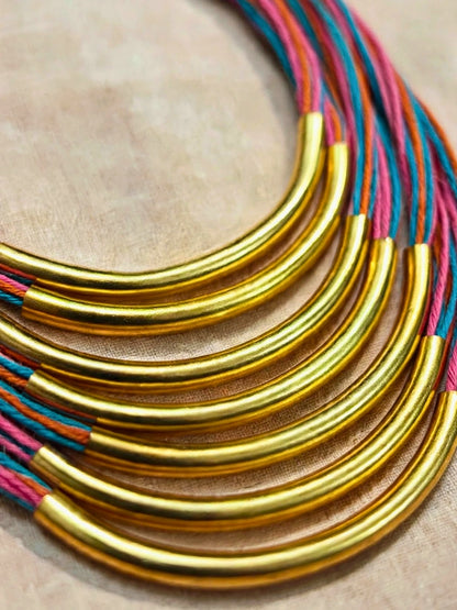 Gold-Plated Oxidised Statement Multi Thread Layered Jute Necklace