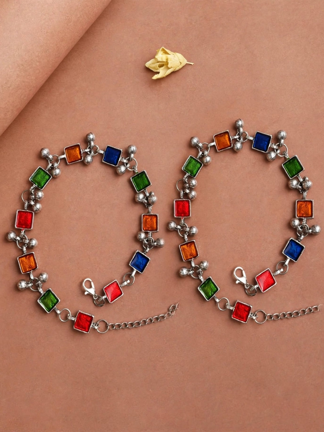 Oxidised Silver-Toned Multicolour Stone Beaded Anklet