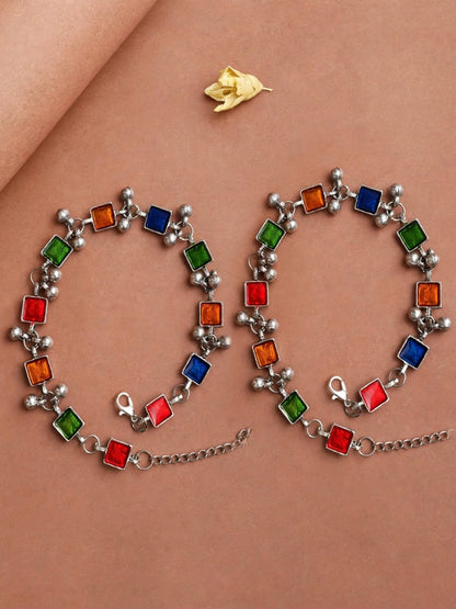 Oxidised Silver-Toned Multicolour Stone Beaded Anklet