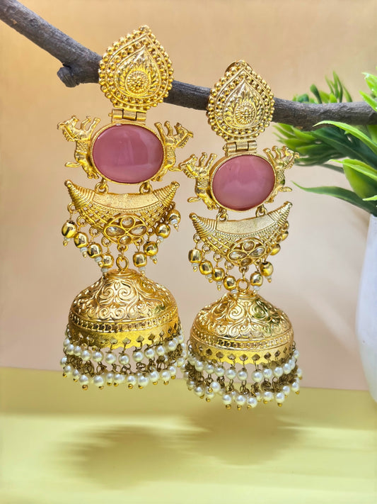 VIVAZS Pink Gold-Plated Stones Studded & Beaded Dome-Shaped Jhumkas