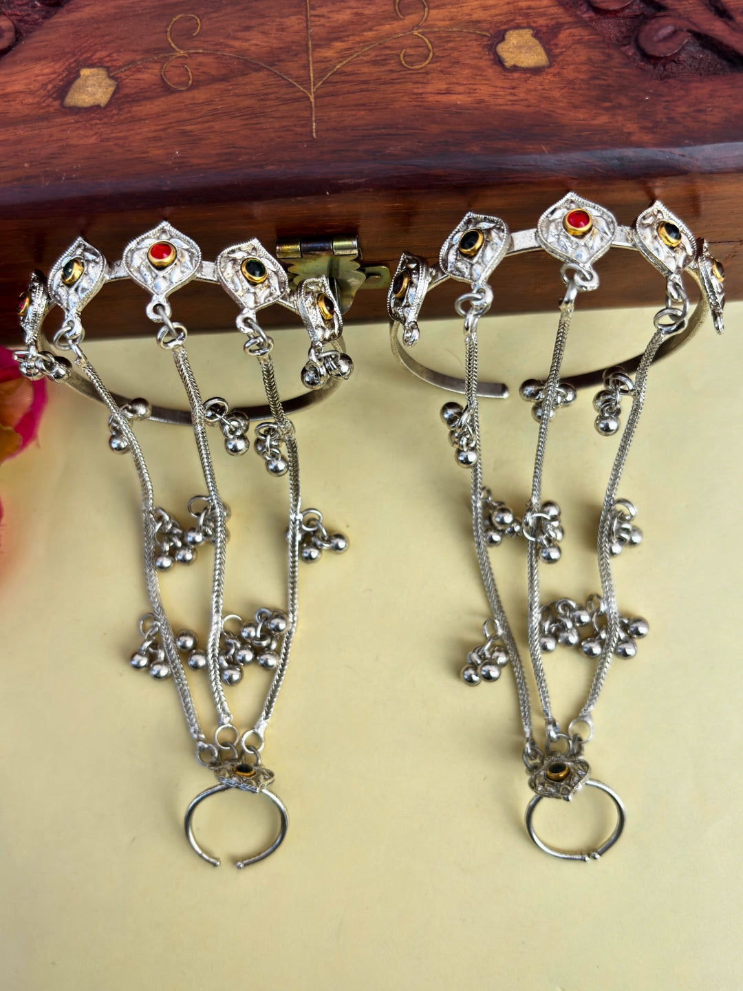 VIVAZS Silver-Plated Kundan Ring Bracelet With Hathphool