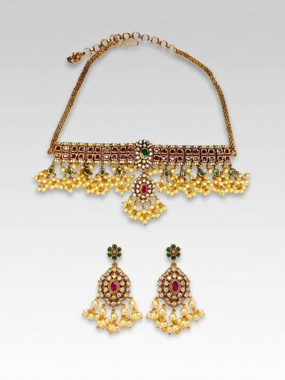 Gold-Plated Ruby, Emerald & Cubic Zirconia Studded Choker Set with Pearl Beads