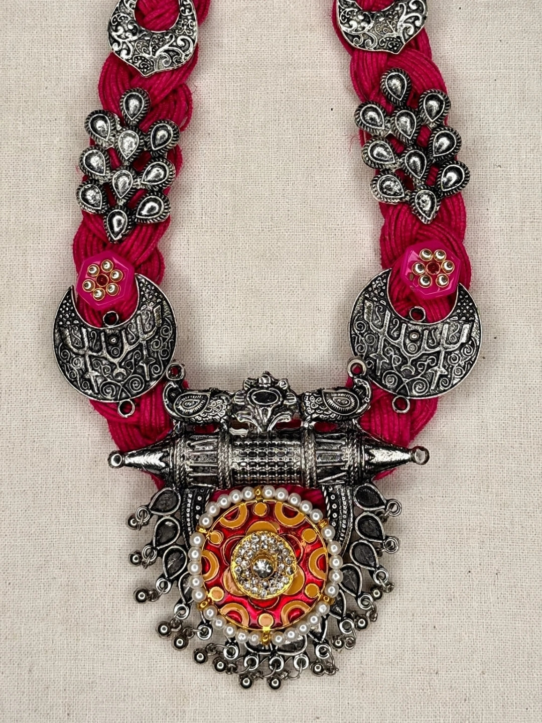 German Silver Floral & Peacock Charm Statement Bohemian Meenakari Magenta Jute Necklace