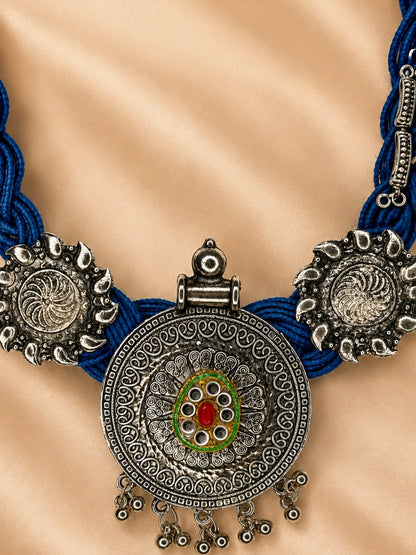 German Silver Floral Charm Statement Bohemian Meenakari Blue Jute Necklace