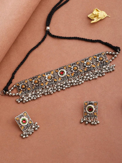Oxidised Silver-Plated Dual-Tone Floral Statement Choker Necklace Jewellery Set