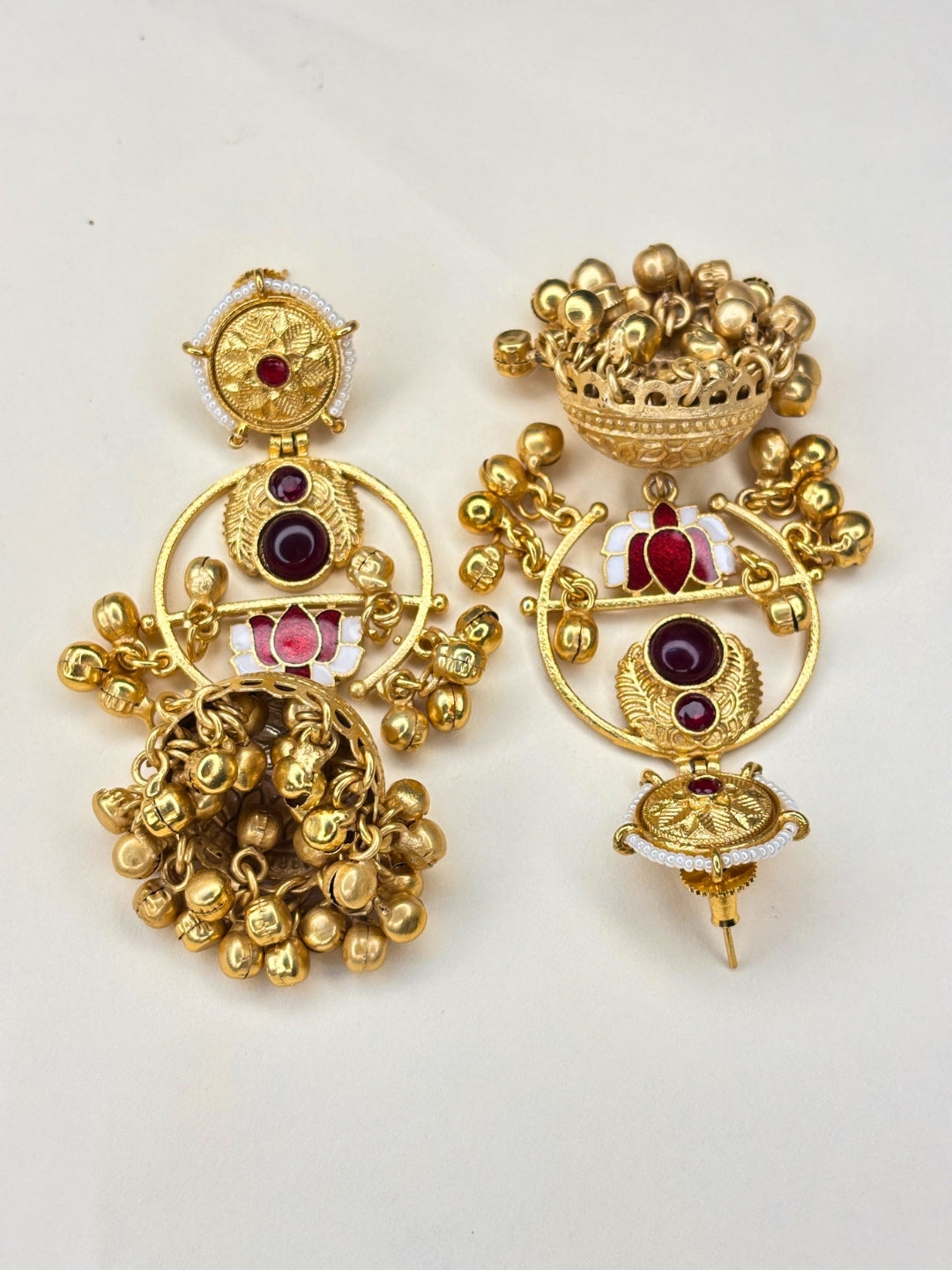 Gold-Plated Artificial red Stones Studded And Beaded Dome Shaped Jhumkas