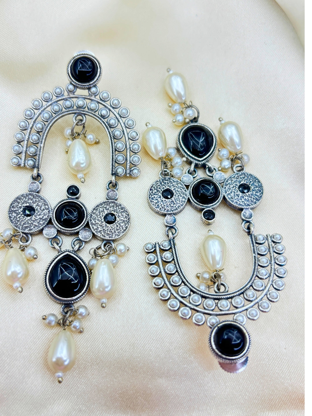 Black Stone & Pearl Embellished Oxidised Chandbali Statement Earrings