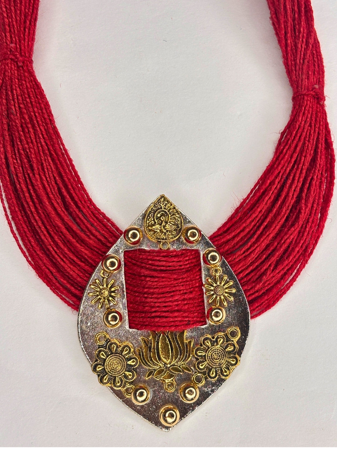 Gold-Plated Oxidised Statement Red Thread Jute Necklace