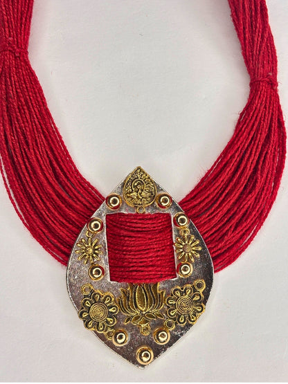 Gold-Plated Oxidised Statement Red Thread Jute Necklace