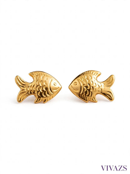 Gold-Plated Fish Motif Textured Stud Earrings