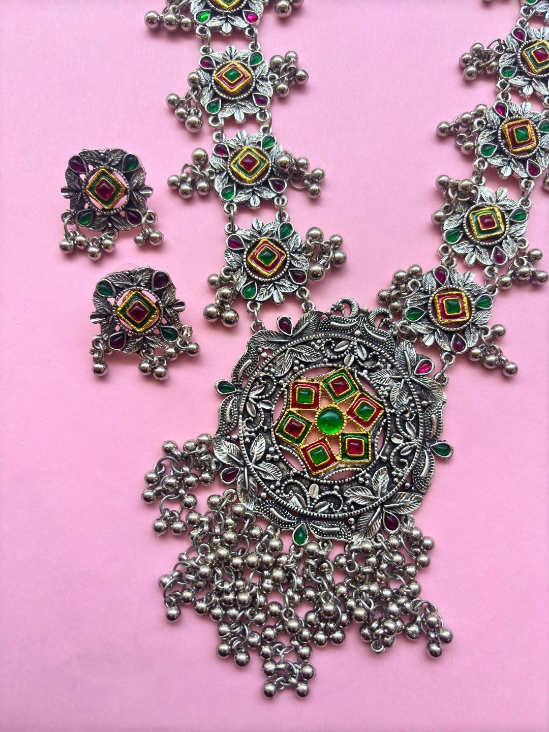 Silver-Plated Oxidized Floral Textured Long Necklace Set
