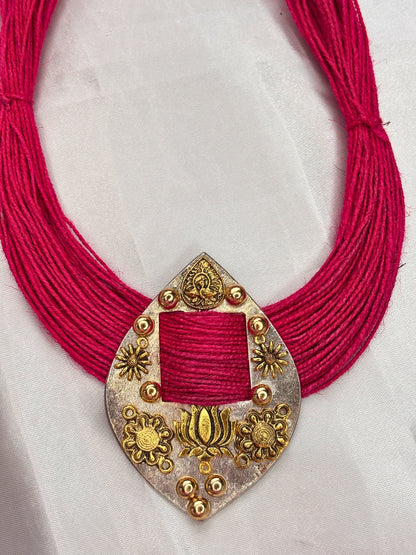 Gold-Plated Oxidised Statement pink Thread Jute Necklace