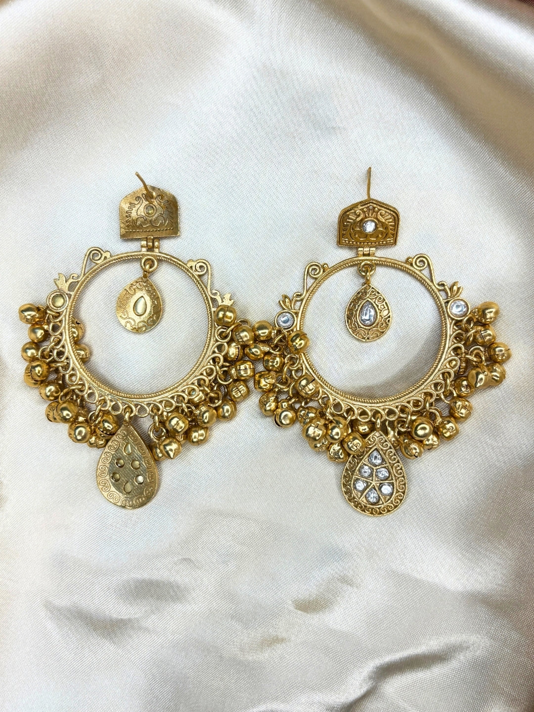 Gold-Plated White Kundan Ghungroo Statement Earrings