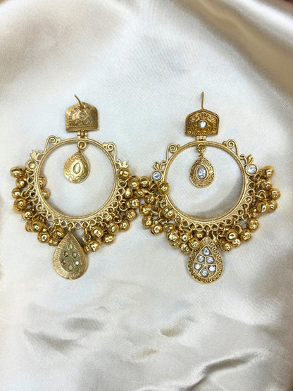 Gold-Plated White Kundan Ghungroo Statement Earrings