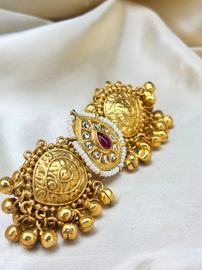 Gold-Plated Green Kundan Stone Ghungroo Statement Adjustable Finger Ring