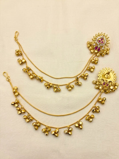 Women Gold-Plated Kundan Studded Earrings with Hair Chain