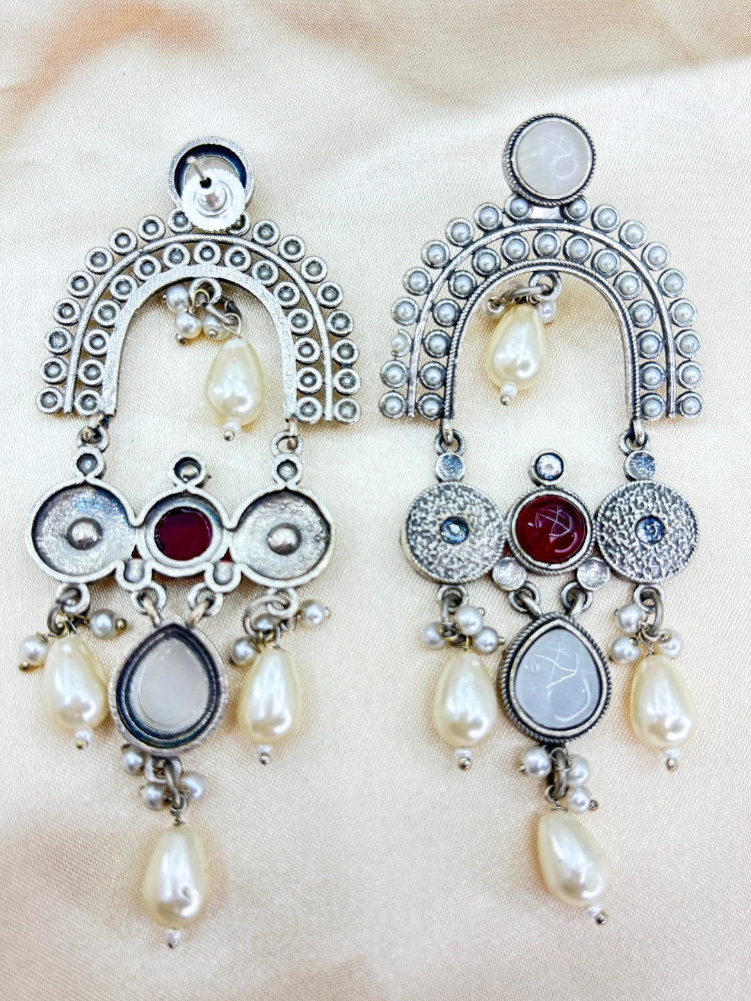 Maroon & White Stone Pearl Embellished Oxidised Chandbali Statement Earrings