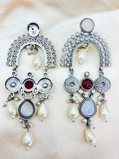 Maroon & White Stone Pearl Embellished Oxidised Chandbali Statement Earrings