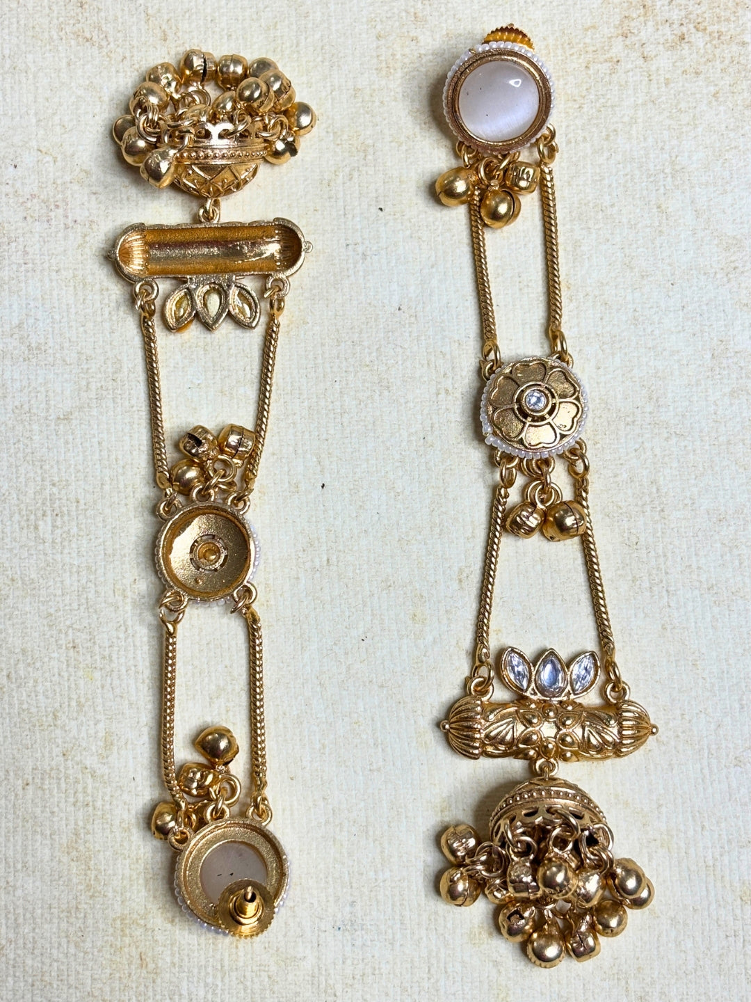 Gold-Plated Pearl Studded Kundan Long Chain Kashmiri Jhumka Earrings