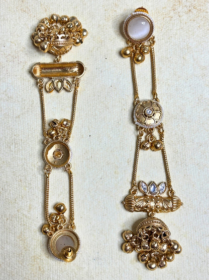 Gold-Plated Pearl Studded Kundan Long Chain Kashmiri Jhumka Earrings