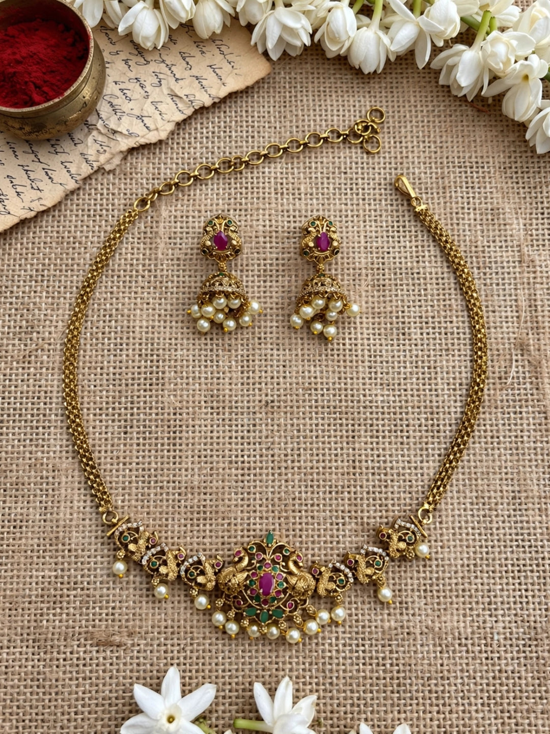 Gold-Plated Ruby & Emerald CZ Studded Temple Jewellery Set