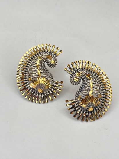 Oxidised Silver-Plated Peacock Design Gold-Toned Statement Stud Earrings