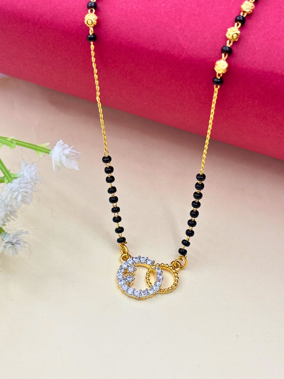 Gold-Plated American Diamond Interlinked Rings Mangalsutra Necklace