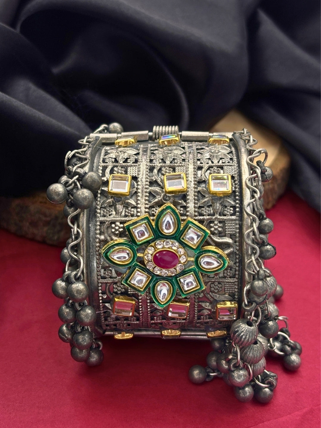 Silver-Plated Oxidised Kundan Meenakari Ghungroo Kada Bangle Bracelet