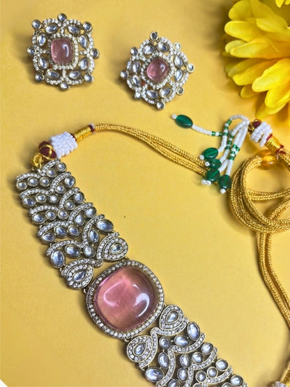 VIVAZS pink Kundan-Studded Cubic Zirconia Golden Necklace Set