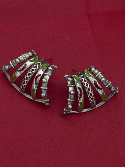 Oxidised Silver-Plated Crescent Design Stud Earrings