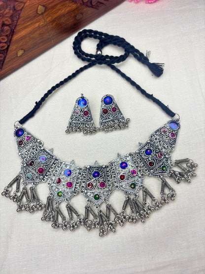 Oxidised Silver-Plated Multicolour Embellished Tribal Statement Choker Necklace Jewellery Set