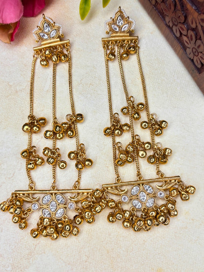 Gold-Plated White Stone Ghungroo Chain Dangler Statement Earrings