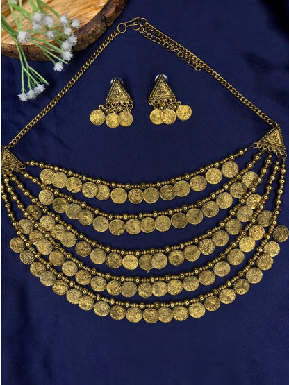 Gold-Plated Antique Coin Layered Statement Necklace Jewellery Set