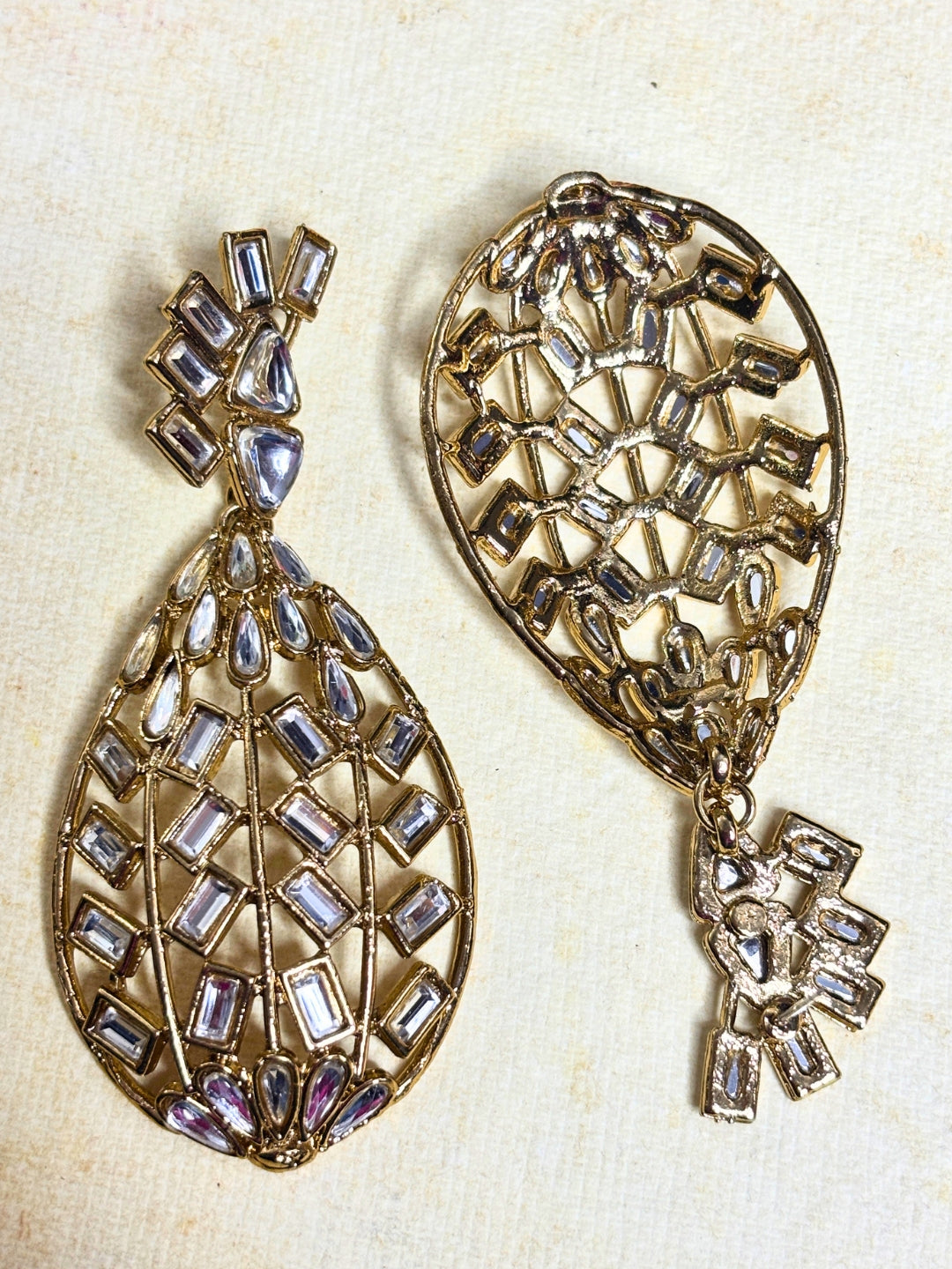 Gold-Plated Crystal Geometric Kundan-Style  Handcrafted Drop Chandbalis Earrings