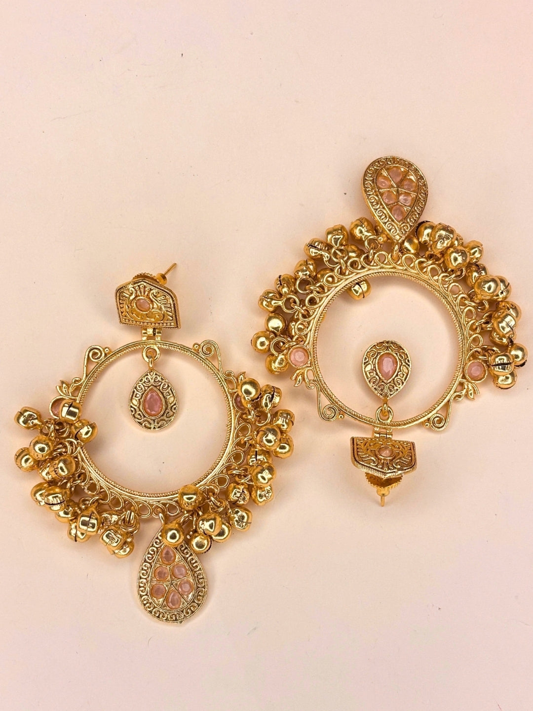 Gold-Plated Pink Kundan Ghungroo Statement Earrings
