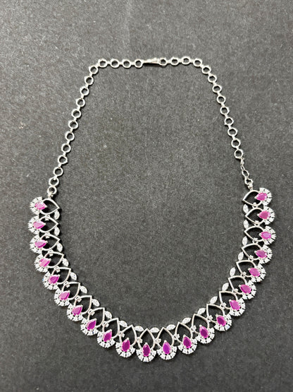 Rhodium-Plated White and Pink Ad & Cubic Zirconia Studded Jewellery Set