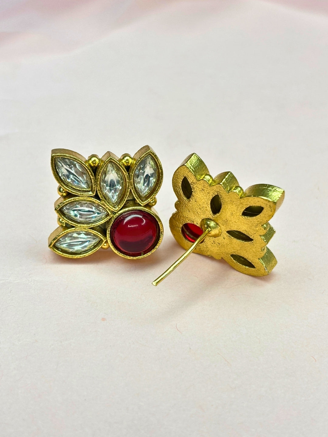 Gold-Plated Red Stone & White Crystal Leaf Design Stud Earrings