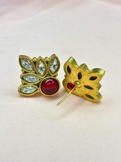 Gold-Plated Red Stone & White Crystal Leaf Design Stud Earrings