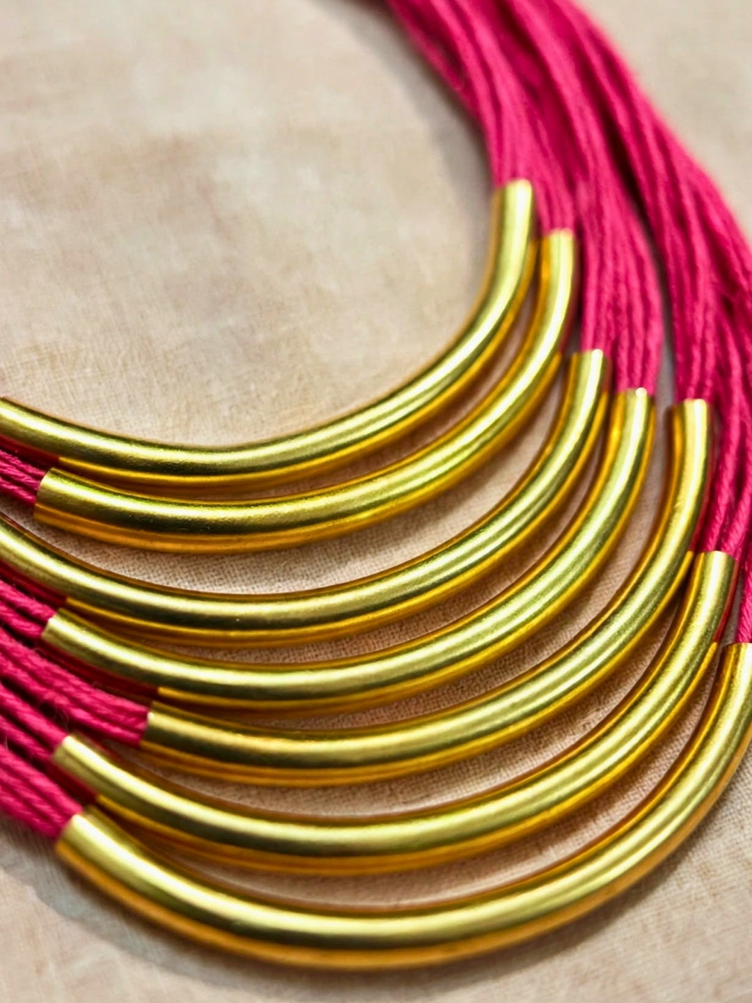 Gold-Plated Oxidised Statement Magenta Thread Layered Jute Necklace