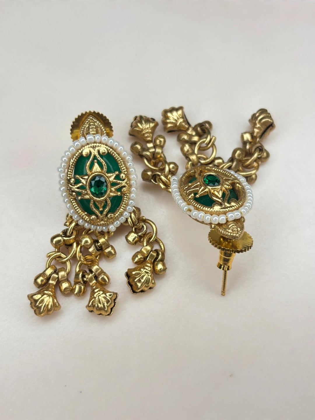 Gold-Plated Green Kundan Stone Contemporary Stud Earrings