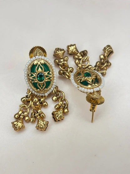 Gold-Plated Green Kundan Stone Contemporary Stud Earrings
