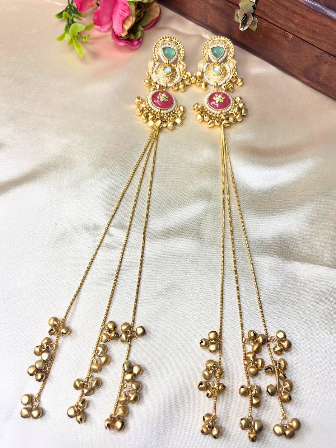 Set Of 2 Gold-Plated Peacock Shaped Kundan & Ghungaroo Studded Kashmiri Drop Earrings