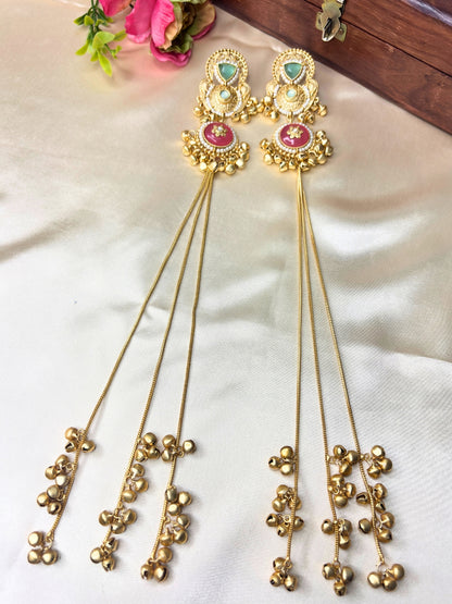 Set Of 2 Gold-Plated Peacock Shaped Kundan & Ghungaroo Studded Kashmiri Drop Earrings