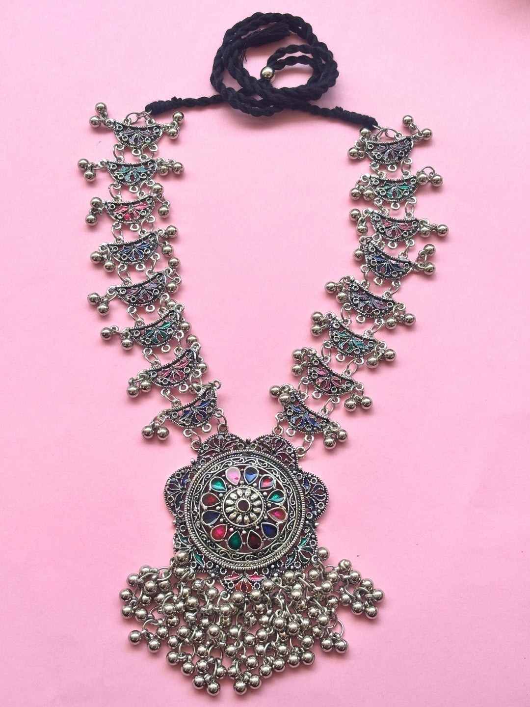 Silver-Plated Oxidized Meenakari Floral Long Necklace Set